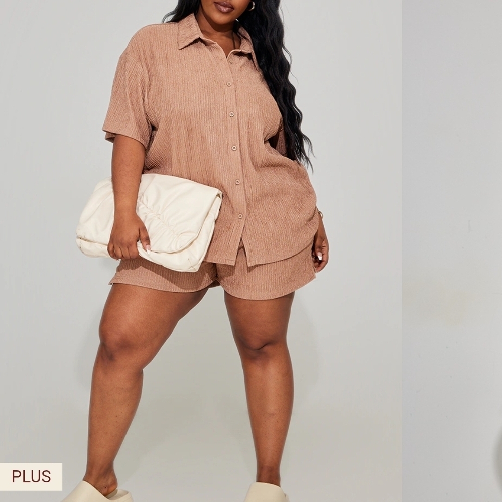 NWT, PrettyLittleThing Camel Textured Shirt and Shorts Set